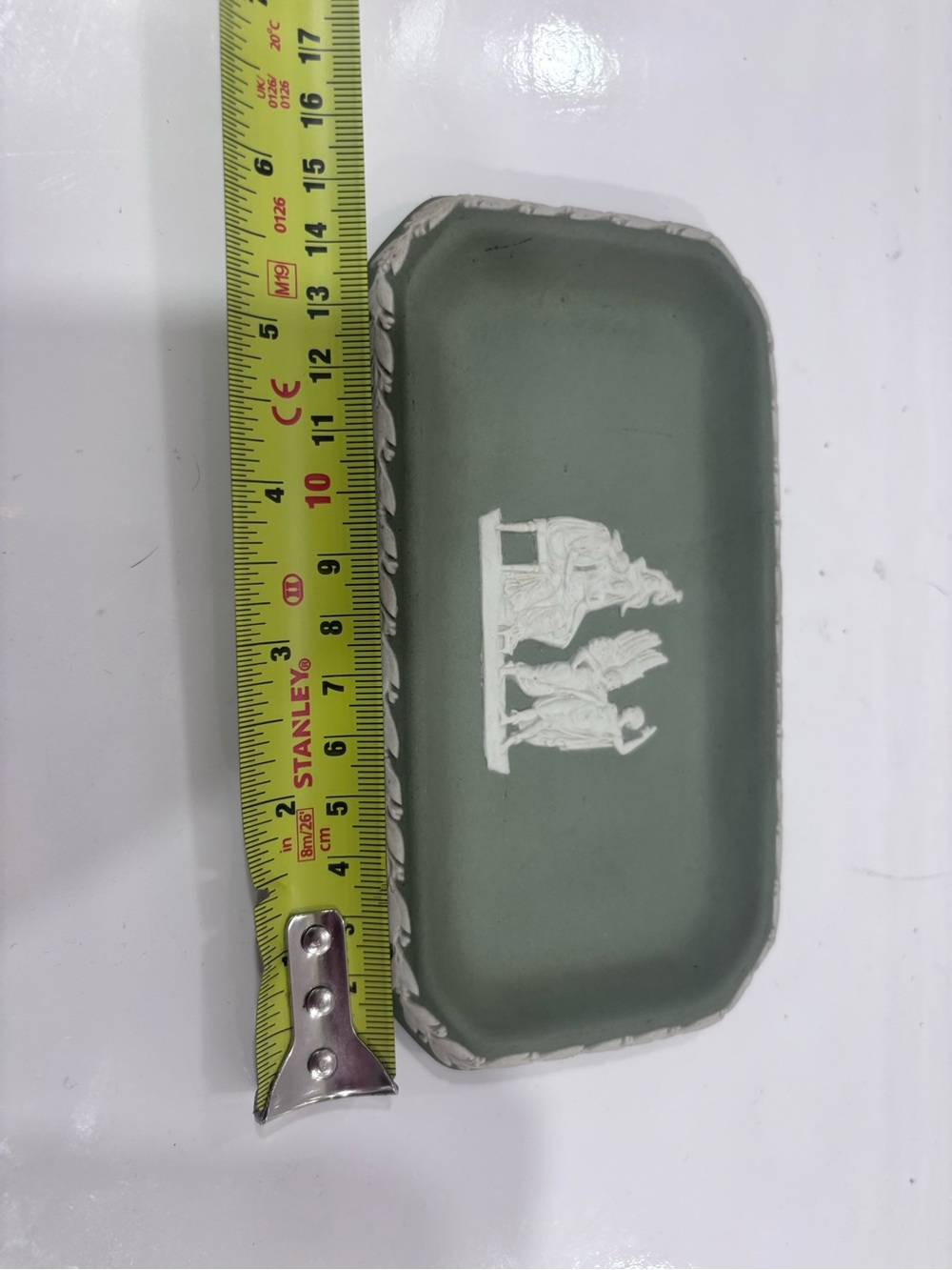 Green Jasperware Trinket Dish with White Relief Wedgwood